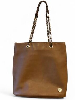 Vince Camuto Brown Genuine Leather Tote Bag with Chain Shoulder Straps